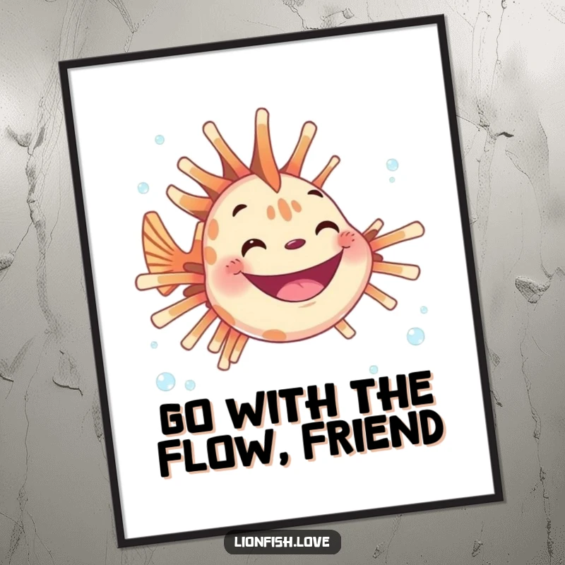 Funny Free Printable Wall Art featuring a joyful lionfish with a wide grin, surrounded by a cascade of tiny celebratory bubbles underwater.