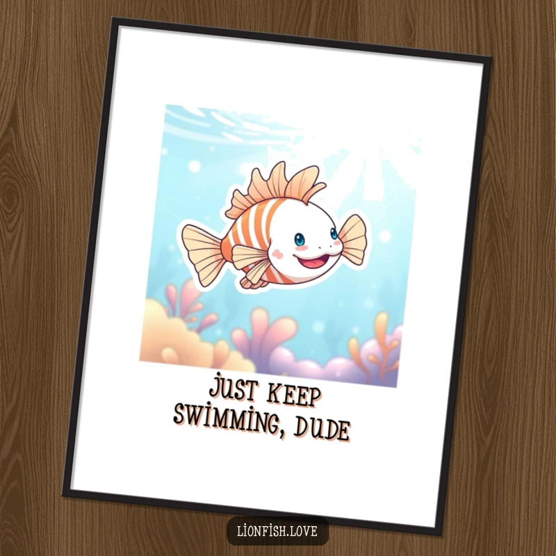 Funny Free Printable Wall Art: A happy lionfish swims gracefully in shimmering blue water, adding cheerful decor. Downloadable art.