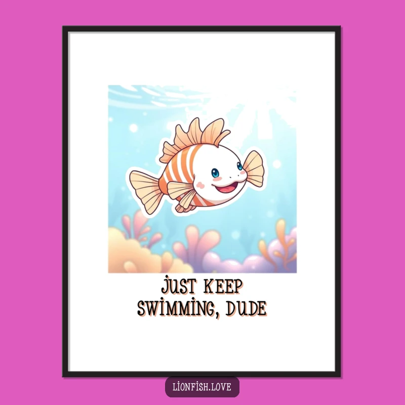 Free Printable Wall Art: Happy Lionfish Swimming, Funny Downloadable Art Decor