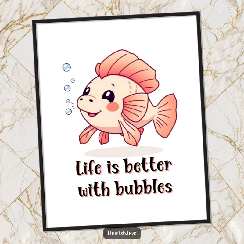Funny Free Printable Wall Art: Playful lionfish blowing a trail of tiny bubbles, adding whimsical decor. Downloadable art.