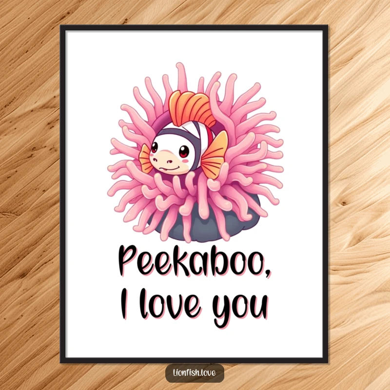 Funny Free Printable Wall Art: Shy lionfish peeking from a vibrant anemone, adding cute decor. Downloadable art.
