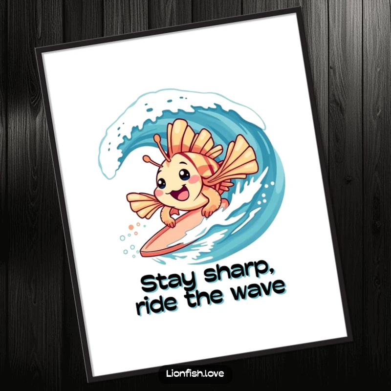 Funny Free Printable Wall Art featuring a playful lionfish with spiky fins happily surfing on a gentle wave, perfect for a tropical theme.