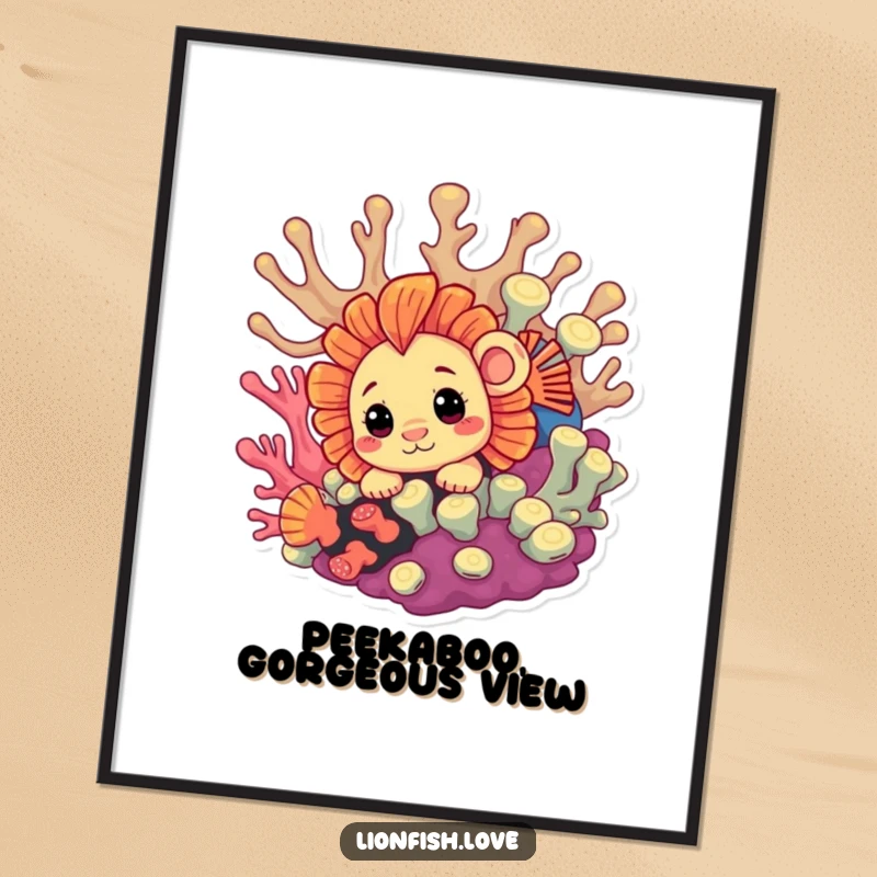Funny Free Printable Wall Art: A curious lionfish peeks from behind a vibrant coral formation, adding playful underwater charm.