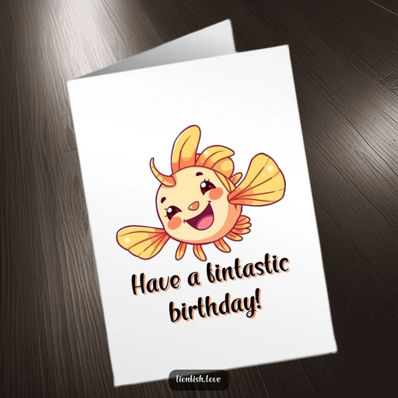 Funny Free Printable Birthday Card: A cheerful lionfish with flowing fins performs an acrobatic flip, bringing aquatic joy.