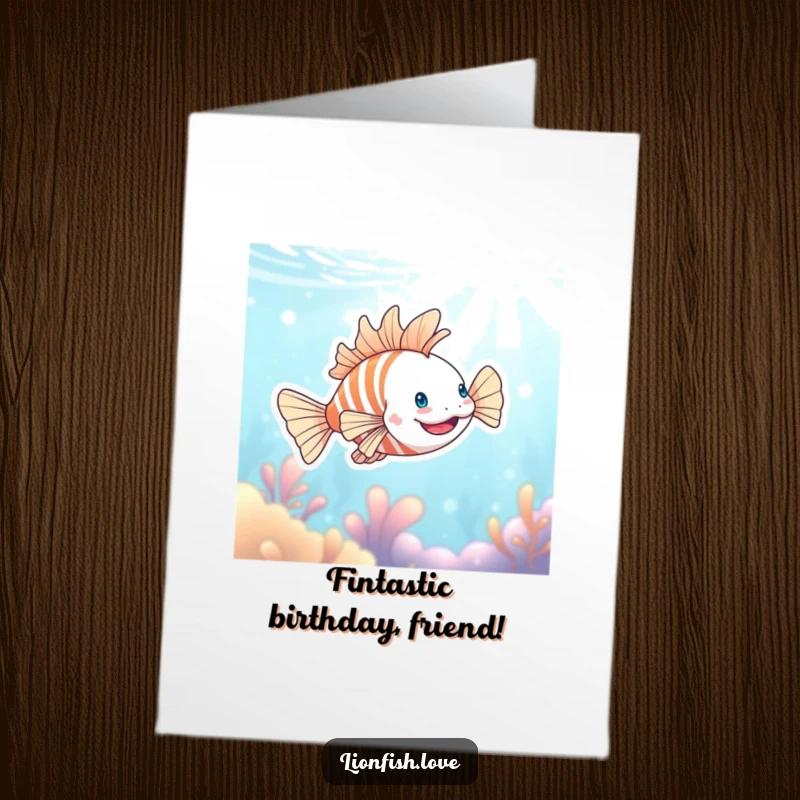 Funny Free Printable Birthday Card: Happy lionfish gracefully swimming, spreading joy and birthday wishes. A perfect downloadable greeting.