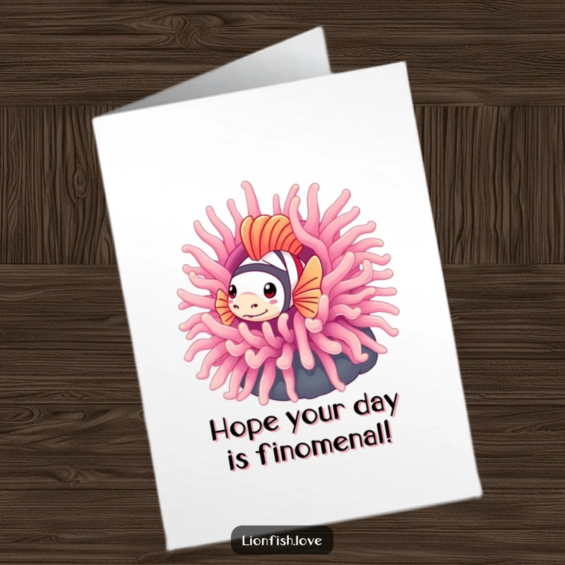 Funny Free Printable Birthday Card: Shy lionfish peeking from a colorful anemone, wishing happy birthday. Downloadable.