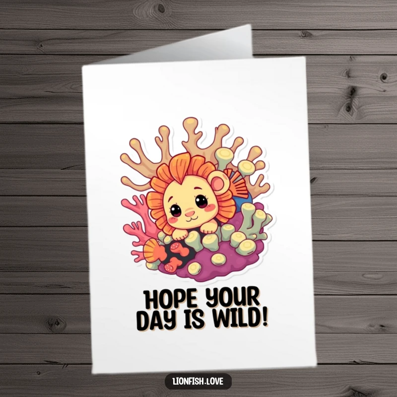 Funny Free Printable Birthday Card: A curious lionfish peeks playfully from behind vibrant coral, ready for birthday fun.