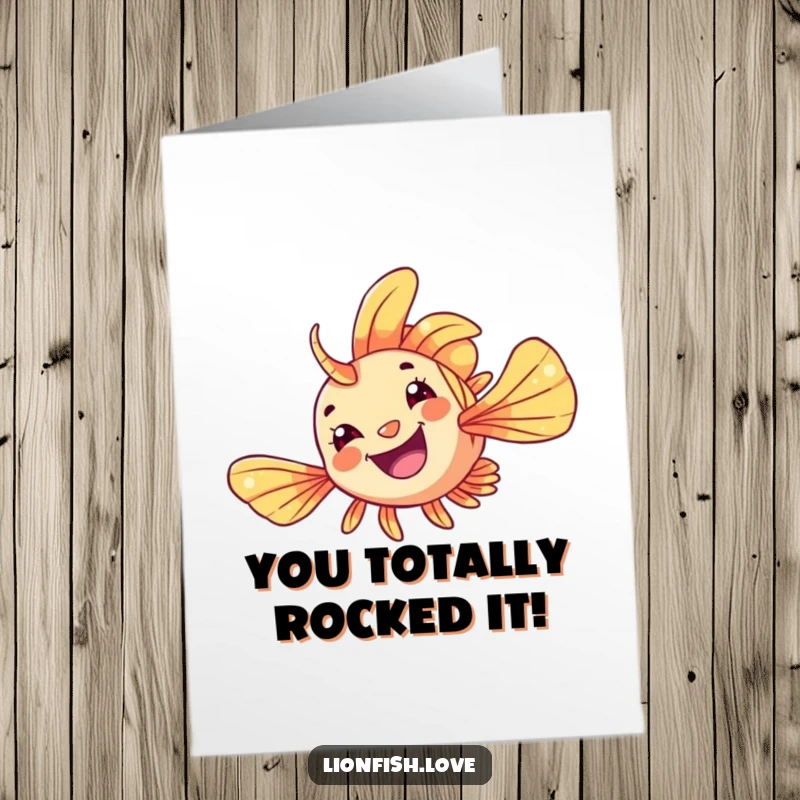 Funny Free Printable Congratulations Card: A cheerful lionfish gracefully flips, celebrating achievements with underwater flair.