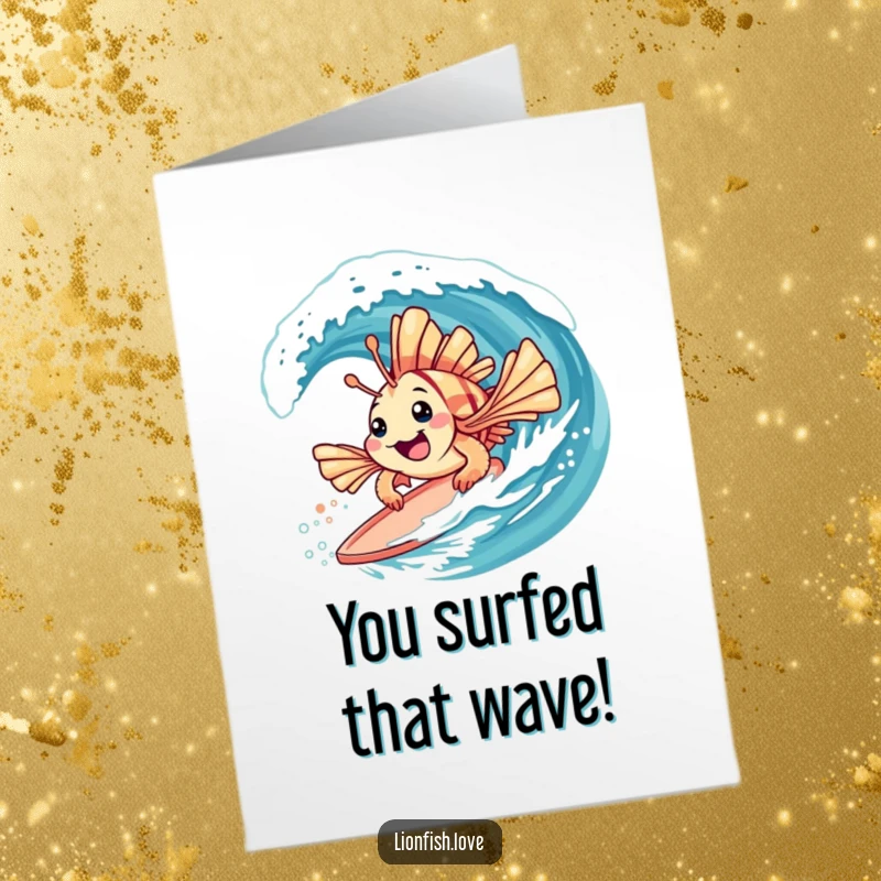 Funny Free Printable Congratulations Card featuring a playful lionfish surfing a wave, symbolizing riding success and overcoming challenges.