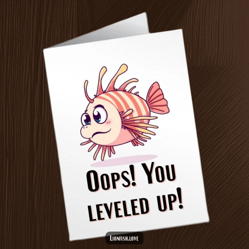Funny Free Printable Congrats Card featuring a clumsy lionfish tripping on its fins, looking surprised but somehow succeeding.
