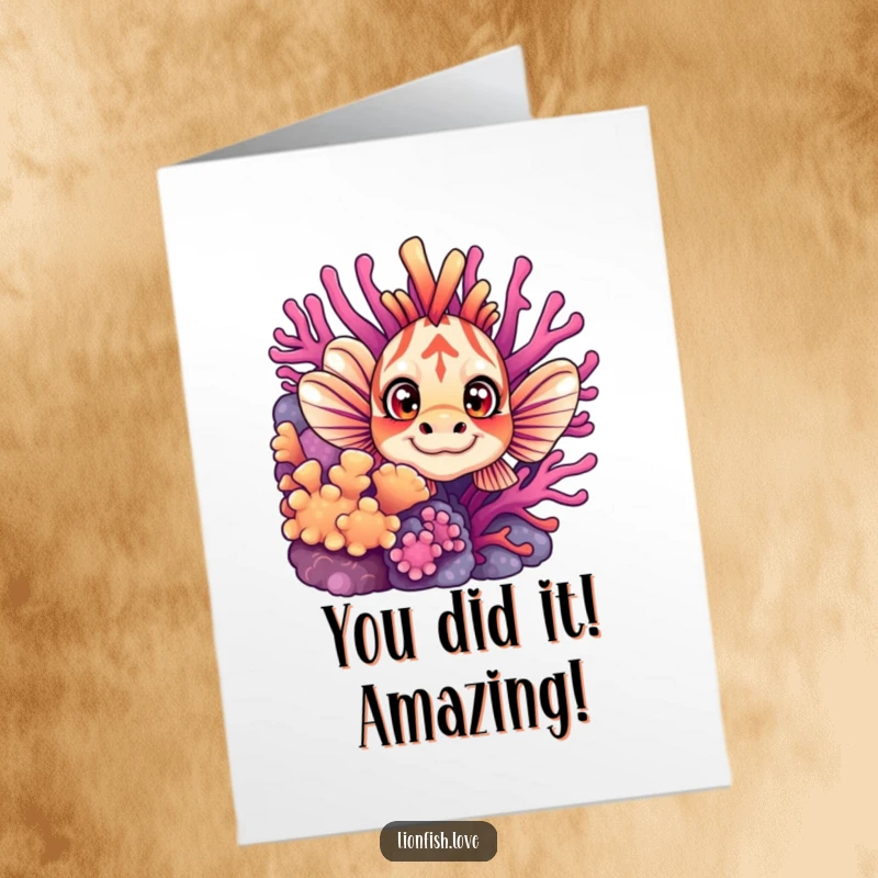 Funny Free Printable Congrats Card featuring a curious lionfish peeking from coral, with wide eyes celebrating your big win.