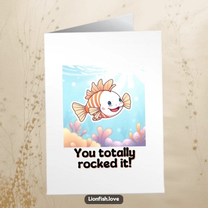 Funny Free Printable Congratulations Card: Happy lionfish swimming joyfully, celebrating achievements. A vibrant downloadable greeting.