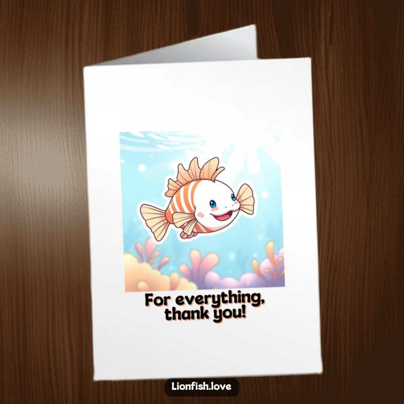 Funny Free Printable Thank You Card: Happy lionfish swimming with a grateful heart, perfect for expressing thanks. Downloadable.