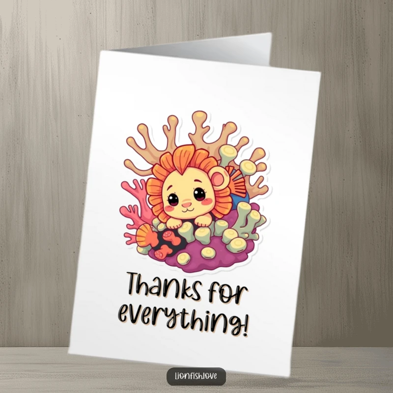 Funny Free Printable Thank You Card: A curious lionfish peeks from vibrant coral, offering thanks with a charming hidden surprise.