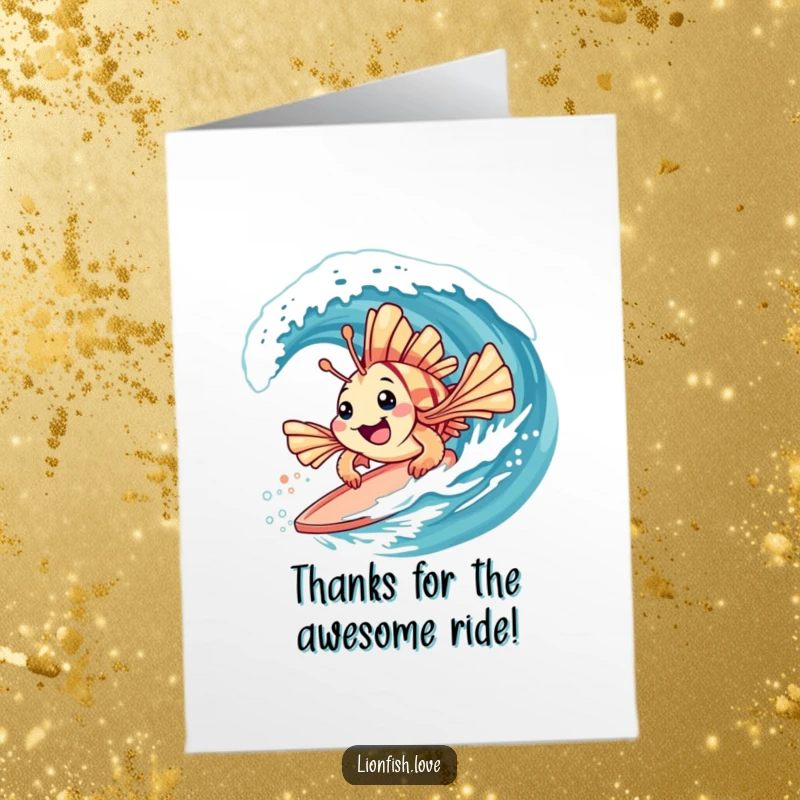 Funny Free Printable Thank You Card with a playful lionfish with spiky fins happily surfing on a gentle wave, a fun way to say thanks.