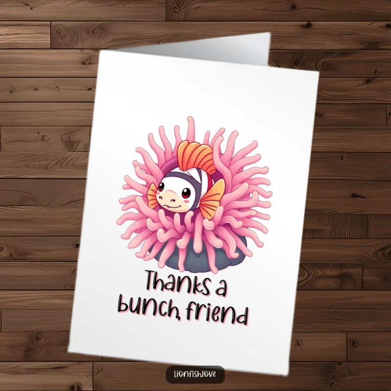 Funny Free Printable Thank You Card: Shy lionfish emerges from an anemone, expressing thanks. Downloadable card.