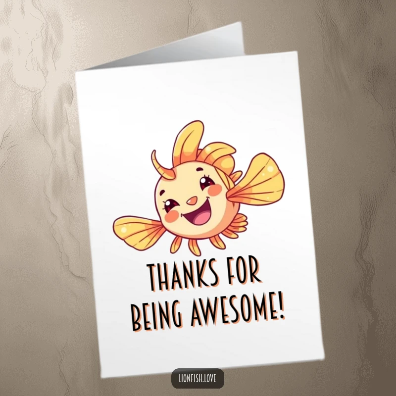 Funny Free Printable Thank You Card: A happy lionfish with flowing fins doing a playful flip, expressing thanks underwater.
