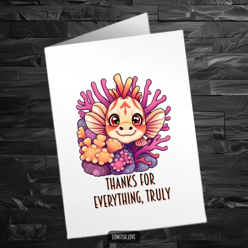 Funny Free Printable Thank You Card with a curious lionfish peeking from coral, showing big-eyed appreciation for your kindness.