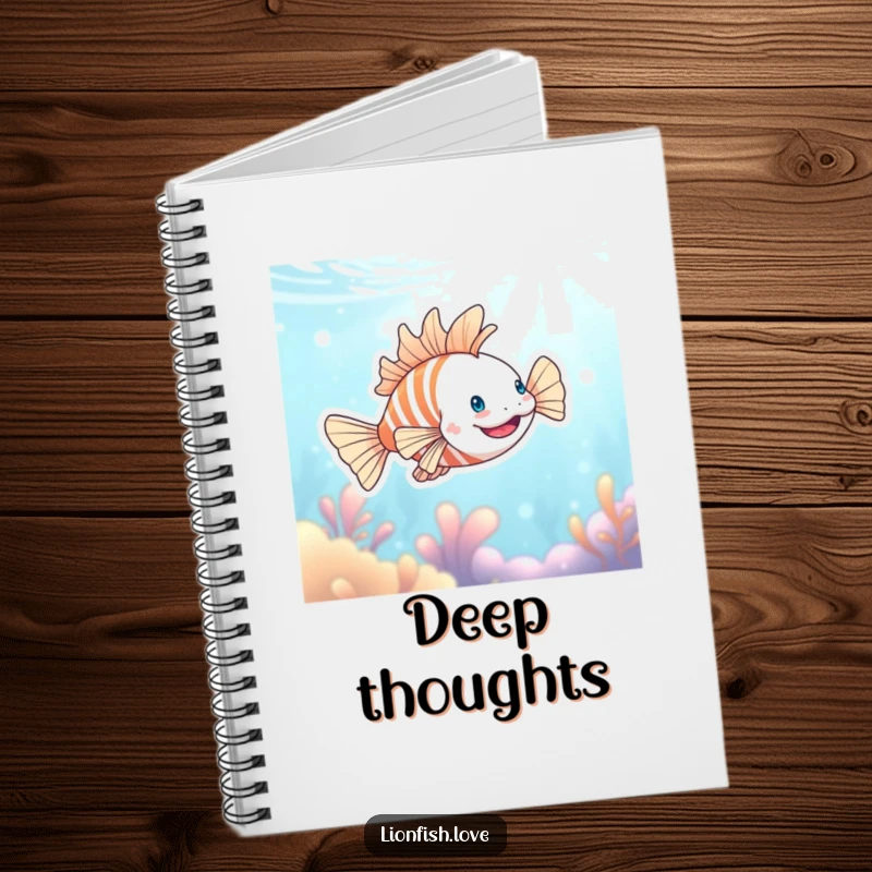 Funny notebook with a happy lionfish illustration swimming in blue water, ideal for capturing notes with an aquatic, humorous flair.