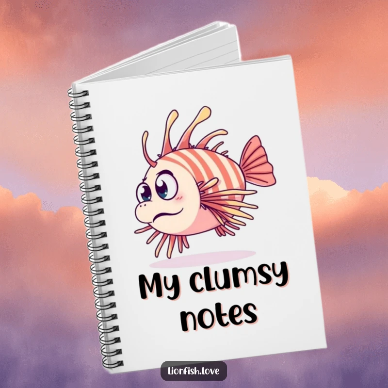 Funny notebook cover with a clumsy lionfish tripping and looking surprised, perfect for jotting down thoughts and funny moments.