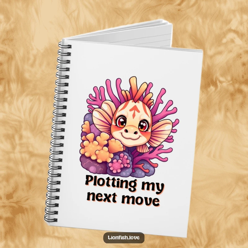 Funny notebook cover with a curious lionfish peeking from coral, its wide eyes inviting creativity and underwater exploration.