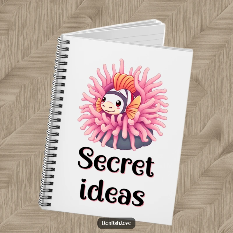 Funny notebook featuring a shy lionfish peeking from behind an anemone, great for jotting down thoughts with a touch of oceanic shyness.