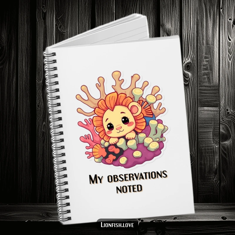 Funny Notebook featuring a curious lionfish peeking from coral, ideal for jotting down ideas with playful intrigue and humor.
