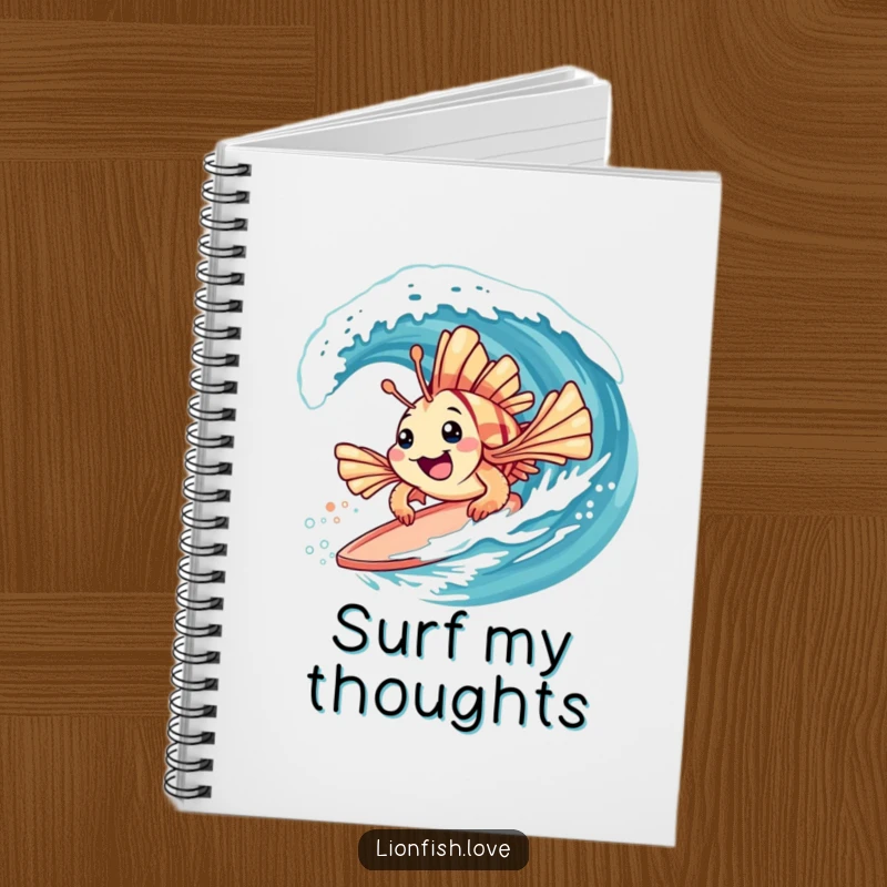 Funny notebook with a cover of a playful lionfish with spiky fins surfing on a gentle wave, for journaling.