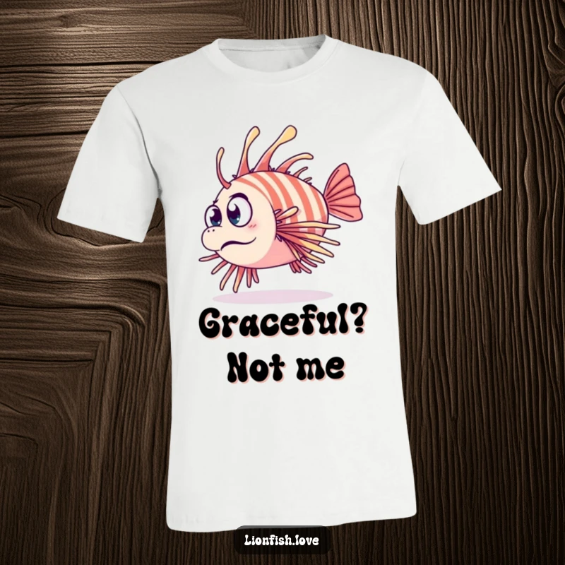 Funny t-shirt depicting a clumsy lionfish unexpectedly tripping over its fins, with a comically surprised facial expression.