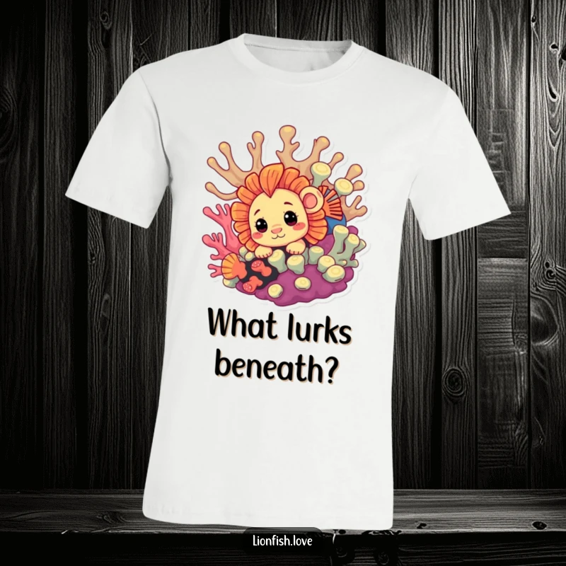 Funny T-Shirt with a curious lionfish peeking from behind vibrant coral, showcasing its playful and humorous personality.