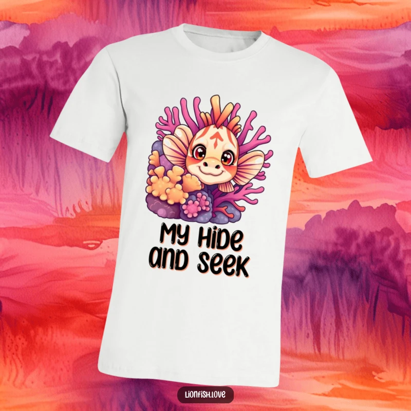 Funny t-shirt with a curious lionfish peeking from behind colorful coral, showcasing wide, expressive eyes and a playful underwater scene.