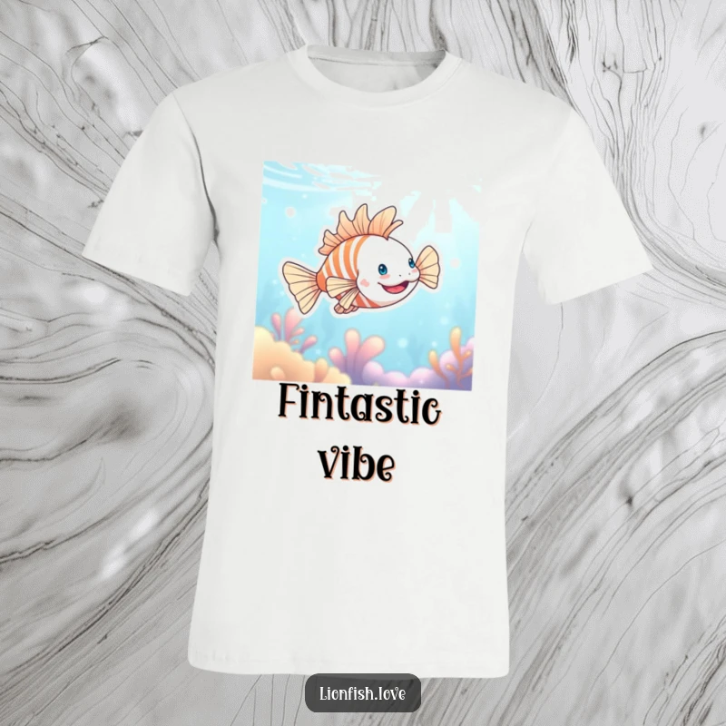 Funny t-shirt showcasing a blissfully happy lionfish swimming with grace in a vibrant, shimmering blue aquatic environment.