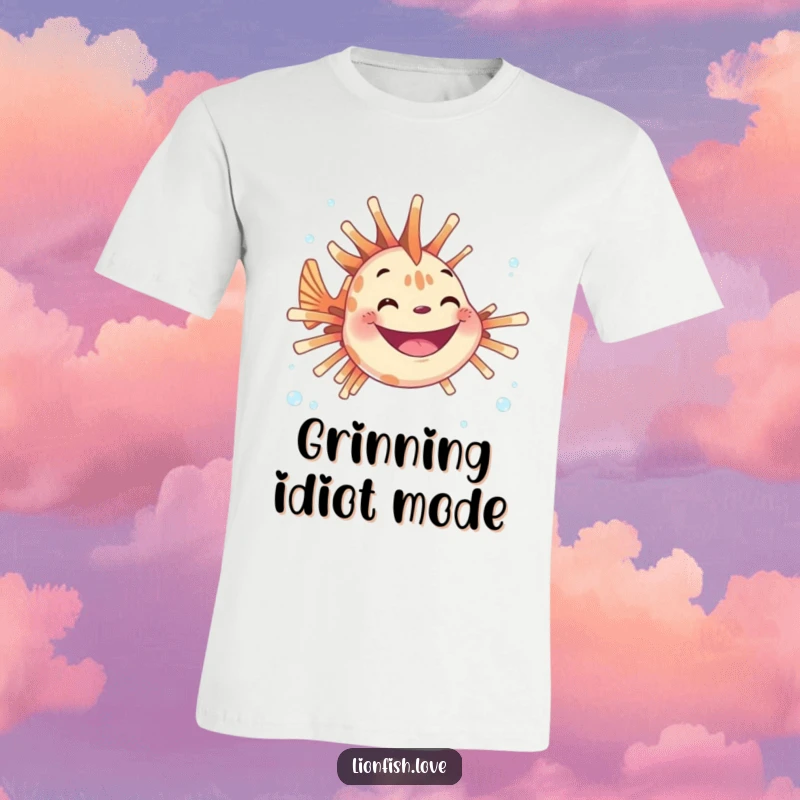 Funny t-shirt with a joyful lionfish sporting a huge grin, surrounded by floating bubbles, radiating underwater delight.