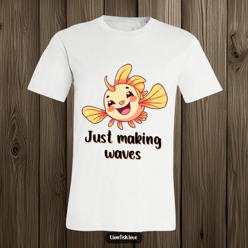 Funny T-Shirt with a cheerful lionfish doing a dynamic flip, showcasing flowing fins and pure aquatic humor.