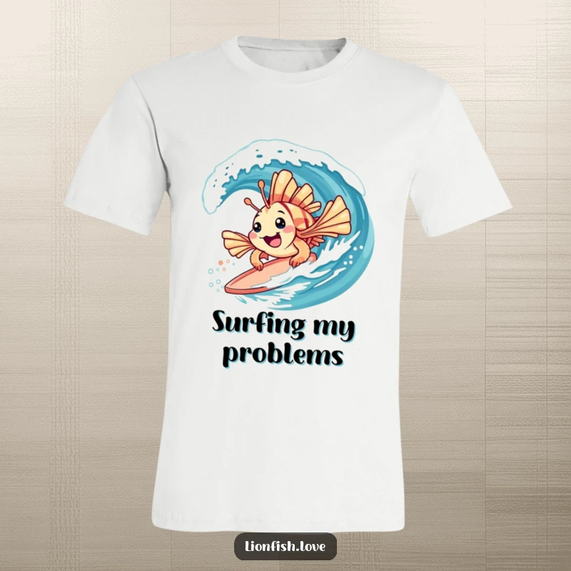Funny t-shirt with a playful lionfish with spiky fins happily surfing on a gentle wave, perfect for beach vibes.