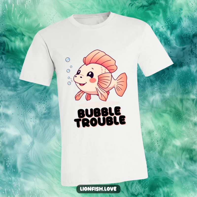 Funny t-shirt showcasing a lively lionfish blowing a trail of tiny, effervescent bubbles through blue ocean waters, representing pure fun.
