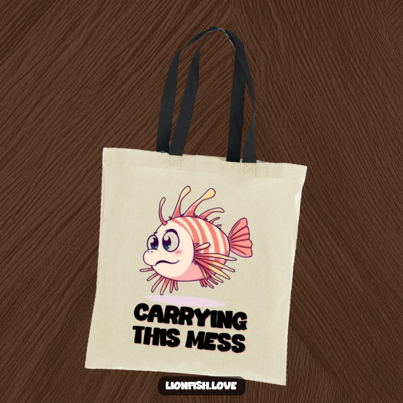 Funny tote bag illustrating a clumsy lionfish tripping over its fins with a surprised look, perfect for carrying everyday items.