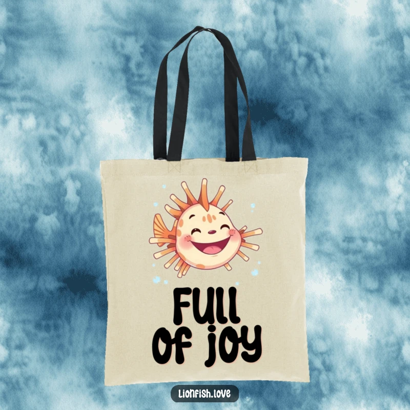 Funny tote bag with a joyful lionfish sporting a wide grin, surrounded by bubbles, bringing underwater cheer to everyday tasks.