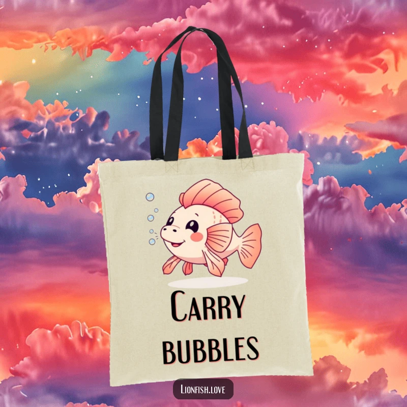 Funny tote bag featuring a lionfish blowing a trail of tiny bubbles, perfect for carrying items with a touch of underwater playfulness.