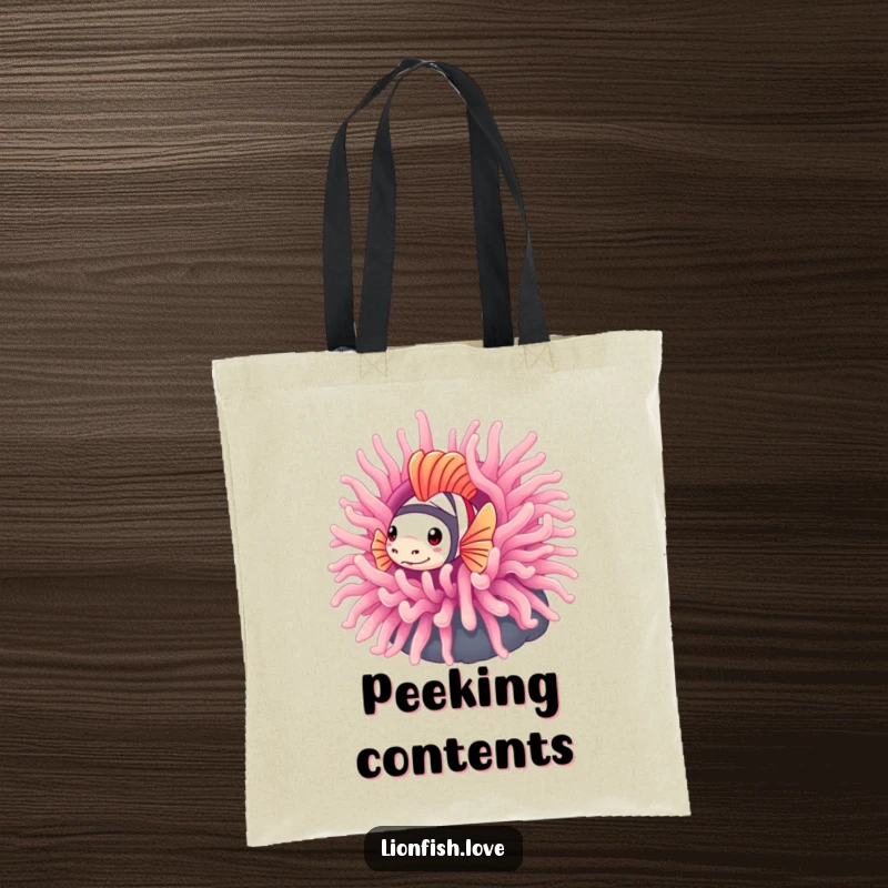 Funny tote bag with a shy lionfish peeking from behind a colorful sea anemone, ideal for carrying items discreetly and humorously.