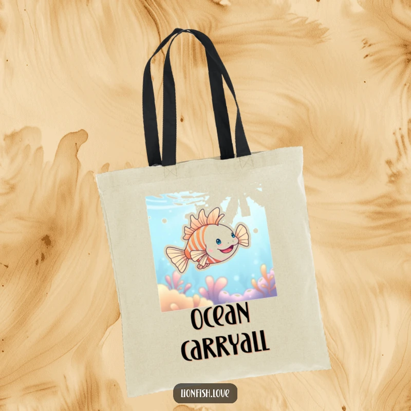 Funny tote bag featuring a gleeful lionfish swimming happily through shimmering blue ocean waters, ideal for carrying treasures.